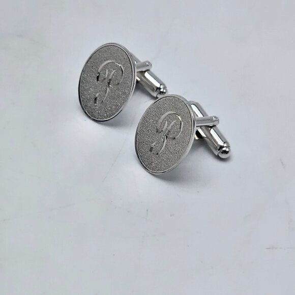Silver Monogrammed P Oval Cufflinks Vintage Mid Century - Picture 2 of 4